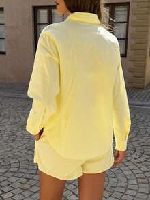 PoPoHouse 女士两件套 - 纯色棉质休闲优雅口袋长袖衬衫上衣和宽松短裤套装，适合日常通勤、休闲、旅行、春夏休闲穿着，黄色女士套装 - 黃色 - 查看 3