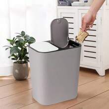 Double Recycling Waste Bin 12L Recycling Garbage Container Rectangle Plastic Push Button Dual Compartment Recycling Garbage For Kitchen Office Home Living Room - Grey - View 11