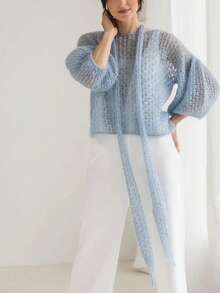 3/4 Sleeve Hollow Back Bow Knit Sweater, Beach Vacation Spring - Baby Blue - View 2