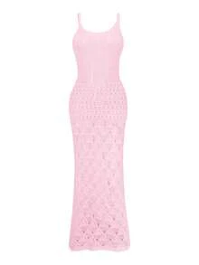 Women's Casual Hollow Out Sleeveless Knit Tank Dress For Beach Vacation, Summer Crochet Hollow Knit Beach Dress, Women's Vacation Bohemian V-Neck Cover Up Dress, Spring/Summer/Autumn - Baby Pink - View 5