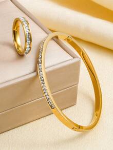 1 Set Fashionable Luxurious Diamond Women's Bracelet Set, Includes 1 Rust-Resistant Golden Color Diamond Bracelet And 1 Stainless Steel Ring, Suitable For Women's Daily Wear, Parties, Birthdays, Weddings, Music Festivals, Dates, Anniversaries, And As A Gift For Women - Gold - View 12