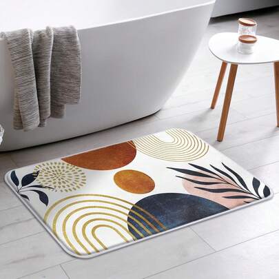 Bohemian Style Plant & Gold Color Print Bath Mat, Area Rug, Bathroom Accessories, Doormat, Non-Slip Absorbent Soft Washable, Round Leaf Pattern, Suitable For Bathtub, Shower, Laundry Room, Bathroom Decor