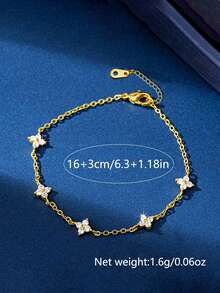 1pc Women's Bracelet, Bohemian Tassel Style, Copper Inlaid Zirconia Four-Leaf Clover Flower Bracelet, Daily Accessory Gift - Yellow Gold - View 8