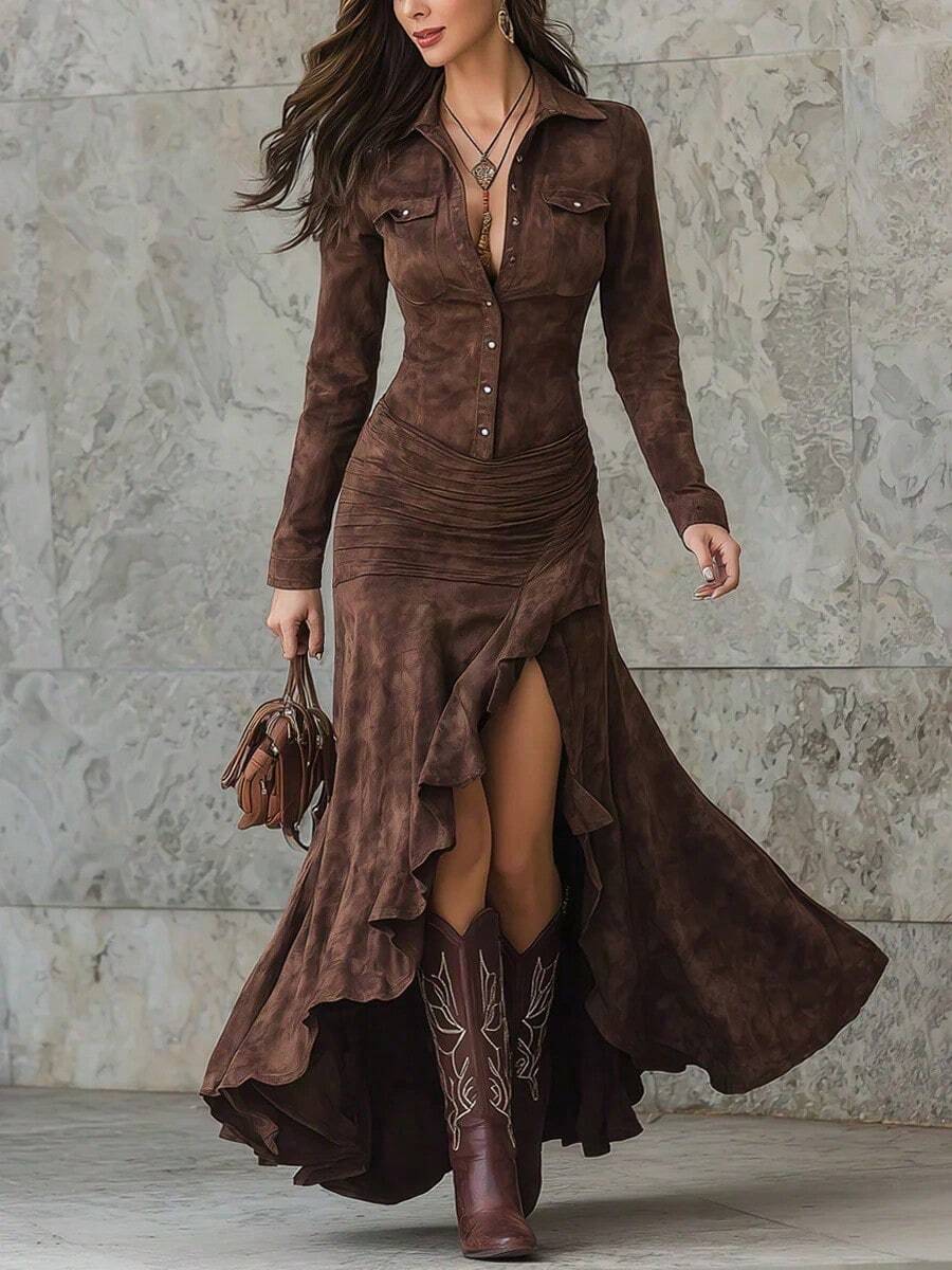 Elegant Vintage Fit And Flare Long Sleeve Button Front Shirt Dress With Ruched Ruffle Hem Flounce Design - Nâu sẫm - Xem 1