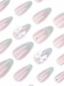 24片中长款杏仁形渐变猫眼优雅简约3D蝴蝶结日常百搭假指甲，附赠1个指甲锉和1瓶果冻胶，提升您的美甲造型