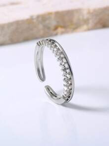 Nooxian 1pc Women's Adjustable Simple Single Row Copper Cubic Zirconia Ring - Silver - View 3