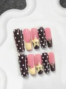 10件套复古甜美风格凝胶美甲套装，亚克力按压式美甲贴片，3D银色圆形水钻装饰，手绘奶油黄色星星，白色波点美甲装饰，黑色指甲油美甲用品手工按压式美甲贴片 - 彩色 - 查看 4