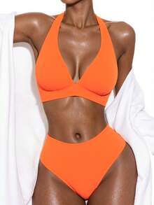 Women's Solid Color Sexy Metal Jewelry Triangle Hanging Neck Bikini Two Pieces Set - Orange - View 1