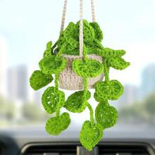 Crochet Plant Hanging Basket For Car Rear View Mirror Decor, Polyester, Light Green, Durable, Handmade, Cute Interior Aesthetic, Gift For Women - 粉紅色 - 查看 1