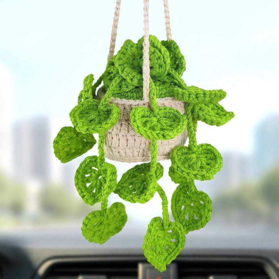 Crochet Plant Hanging Basket For Car Rear View Mirror Decor, Polyester, Light Green, Durable, Handmade, Cute Interior Aesthetic, Gift For Women - 粉紅色 - 查看 1