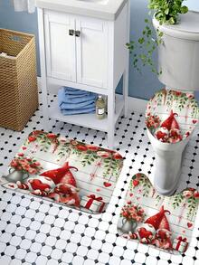 1/4 Piezas Conjunto de decoración del Día de San Valentín, con figuritas de gnomos en pareja con corazón, rosa y patrones florales. Esta adorable y romántica cortina de ducha roja y rosa es lavable, perfecta para la decoración del baño. Incluye 12 ganchos y una alfombra de baño antideslizante, así como una tapa de inodoro en forma de U, convirtiéndolo en un excelente regalo para los seres queridos. - Multicolor - Ver 9