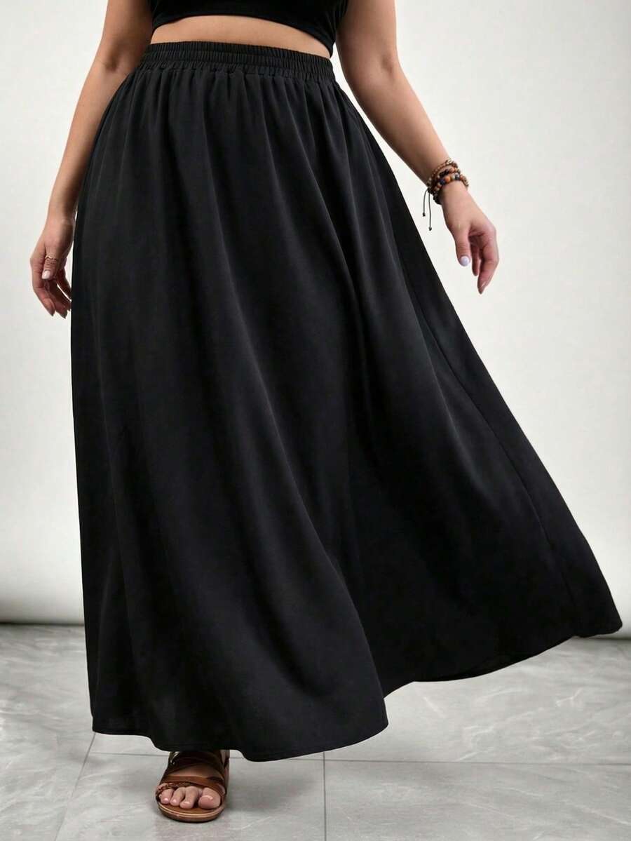 Plus Size Women's Solid Color Skirt, Casual Everyday Wear - Black - View 1