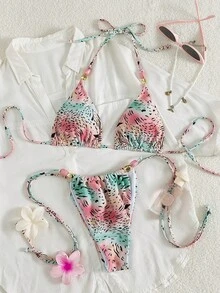 Bộ bikini hai mảnh phong cách Bohemian gợi cảm và dễ thương kiểu Âu Mỹ dành cho nữ, thích hợp mặc đi biển mùa hè, với họa tiết da báo màu hồng, năm 2026. - Hồng - Xem 2