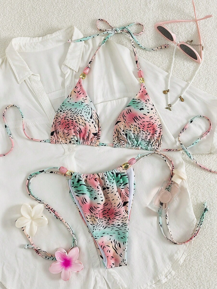 Bộ bikini hai mảnh phong cách Bohemian gợi cảm và dễ thương kiểu Âu Mỹ dành cho nữ, thích hợp mặc đi biển mùa hè, với họa tiết da báo màu hồng, năm 2026.
