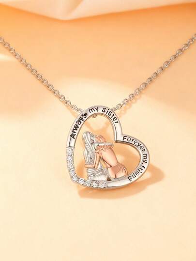 1pc Fashion Two-Tone Zirconia Heart Pendant Necklace, Suitable For Women's Daily Wear, Holiday & Gift For Family/Friends