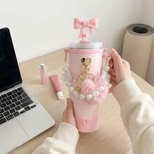 9件套粉色蝴蝶结水杯配件套装，适用于40盎司/30盎司保温杯 - 包括仿珍珠手柄链、硅胶套、吸管套、心形吊坠和防漏塞，水瓶装饰饰品，可爱学院风，送给女性和女孩的礼物 - 彩色 - 查看 9