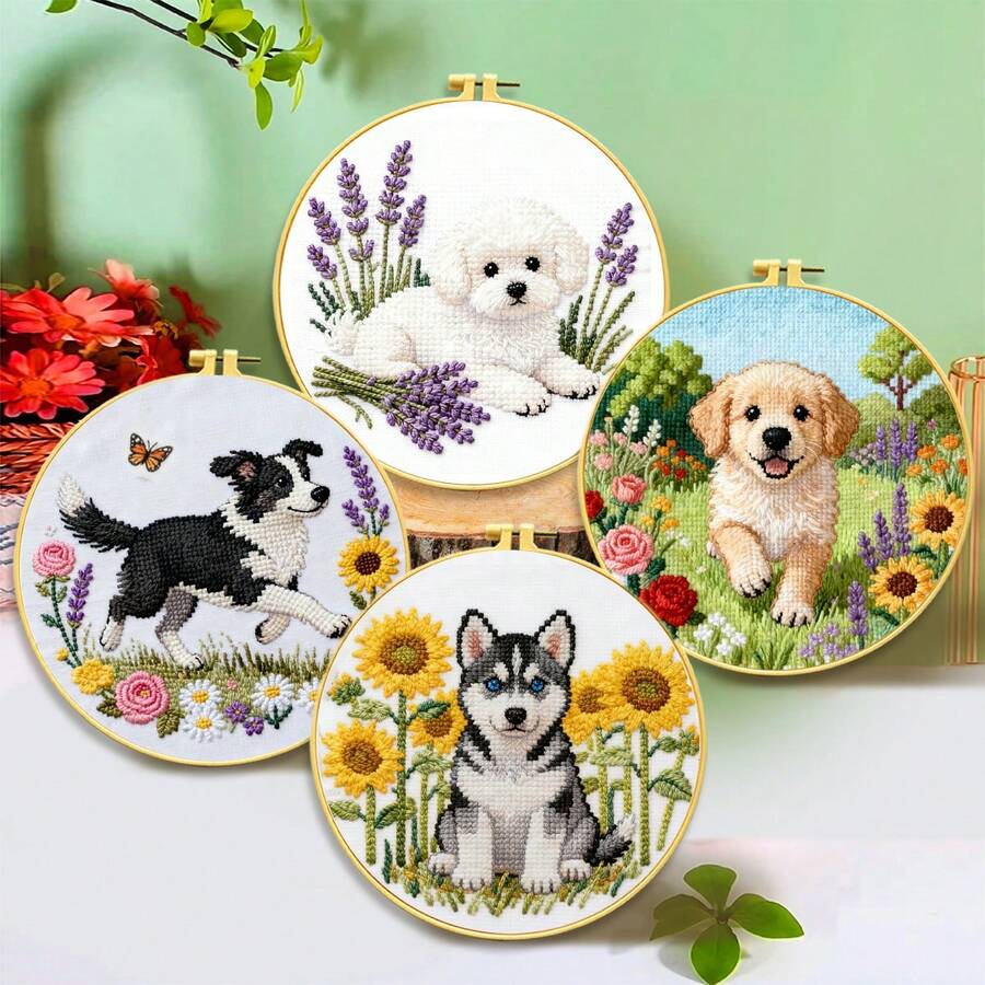 DIY Cross Stitch Kit - Pet Themed | Husky/Corgi/Teddy/Labrador/Shepherd/Pomeranian & More Patterns | Beginner Friendly Embroidery Craft Kit With Fabric, Floss, Needles | Creative Home Decor & Gift
