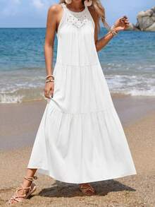 Women Summer Sleeveless Loose Dress Casual Hollow Out Halter Sleeveless Boho Long Sundress Spring Beach Holiday Vacation Valentine Long Maxi Dress - 白色 - 查看 5