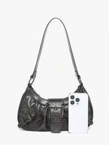1pc Vintage Milady Softened Distressed Leather Motorcycle Bag With Rivet, Buckle And Folded Cloud Decoration; Suitable For Work, Commute, Dating, And Party - Xám - Xem 6