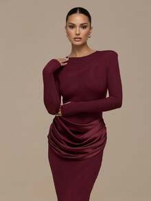 Wine Red Knit Maxi Dress, Long Sleeve Design, Waist Ruffle Detail, Elegant Party Attire - Burgundy - View 1