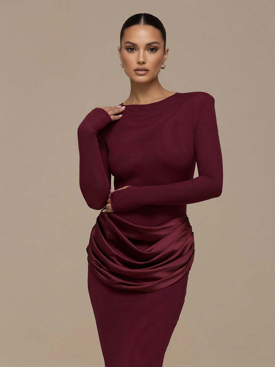 Wine Red Knit Maxi Dress, Long Sleeve Design, Waist Ruffle Detail, Elegant Party Attire - Burgundy - View 1