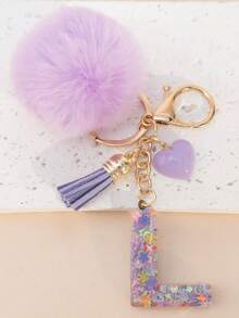 Móc khóa chữ cái A-Z bằng nhựa đính kim sa hình quả cầu len dễ thương, phụ kiện ví & túi xách, đồ trang trí treo balo, mặt dây chuyền xe hơi, quà tặng cho bé gái. - Màu tím hoa cà - Xem 24