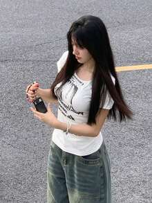 Women's Solid Color Korean Style Letter Print Short Sleeve Fitted Casual T-Shirt White Summer - White - View 5