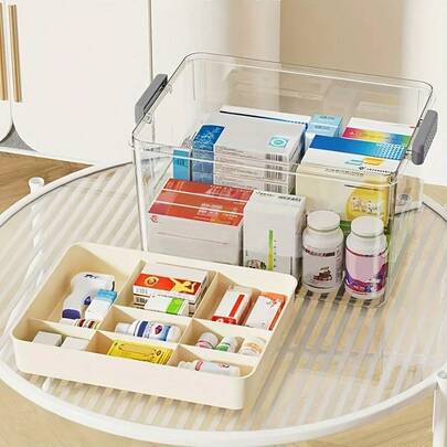 Medicine Storage Box, 2-Layer Multi Grid First Aid Box, Lockable Medicine Box Medication Case, Portable Medicine Storage Box Organiser Large Medical Storage Box For Home, School, Office, Outdoor