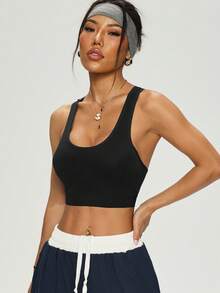 1pc Women Seamless Solid Color Elastic Tight Fit Sports Bra, Suitable For Gym, Outdoor, Casual Sports, Running, Yoga As Base Layer Vest, All Season - Black - View 3