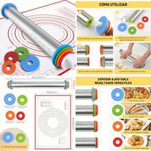 Rodillo de Masa Ajustable de Acero Inoxidable, Juego de Rodillo y Alfombrillas de Silicona para Repostería con 4 Anillos Intercambiables y Tapete de Silicona, para Pizza, Galletas y Repostería(default) - Multicolor - Ver 1