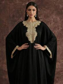 AmazingHoney 优雅奶油色卡夫坦长袍，饰有金色刺绣细节，蝙蝠袖，派对阿巴雅长袍，卡夫坦长袍，阿巴雅长袍（宽松版型 - 请查看尺码表） - 黑色 - 查看 11