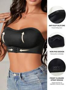 Women's Strapless Strapless Strapless Strapless Bra - Full Cup Lifting Effect, Solid Color Black And White, Comfortable Daily And Special Occasions Bra, Hand Washable, No Padding, Minimalist Design, Suitable For Layering, Suitable For Both Large And Small Breasts, Fashionable And Comfortable Fit, Seamless Strapless Design, No Steel Ring, Smooth Modern Style, Ideal For Casual Or Formal Wear, Women's Bra, Double-Layer Thick Gathering Bra, Women's High-Quality Bra, Gathering Bra, Strapless Bra, Women's Gathering Bra, Strapless Bra, Women's Gathering Bra, Women's Gathering Bra - 黑色 - 查看 3