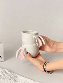 1 pieza Taza de cerámica con diseño de conejo lindo, taza de café de diseño creativo de nicho, taza de desayuno con orejas de conejo Kawaii, rosa y blanco, adecuada para todas las estaciones y escenarios del hogar - Multicolor - Ver 12