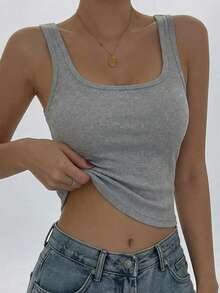Women's Summer Solid Square Neck Ribbed Casual Versatile White Tank Top - Grey - View 3