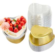 30 sets de mini moldes de aluminio para magdalenas con tapas, 100 ML/ 3.4 onzas, moldes para pasteles con forma de corazón, tazas desechables para magdalenas y flanés para San Valentín, Día de la Madre, boda y cumpleaños, color dorado - Dorado - Ver 3