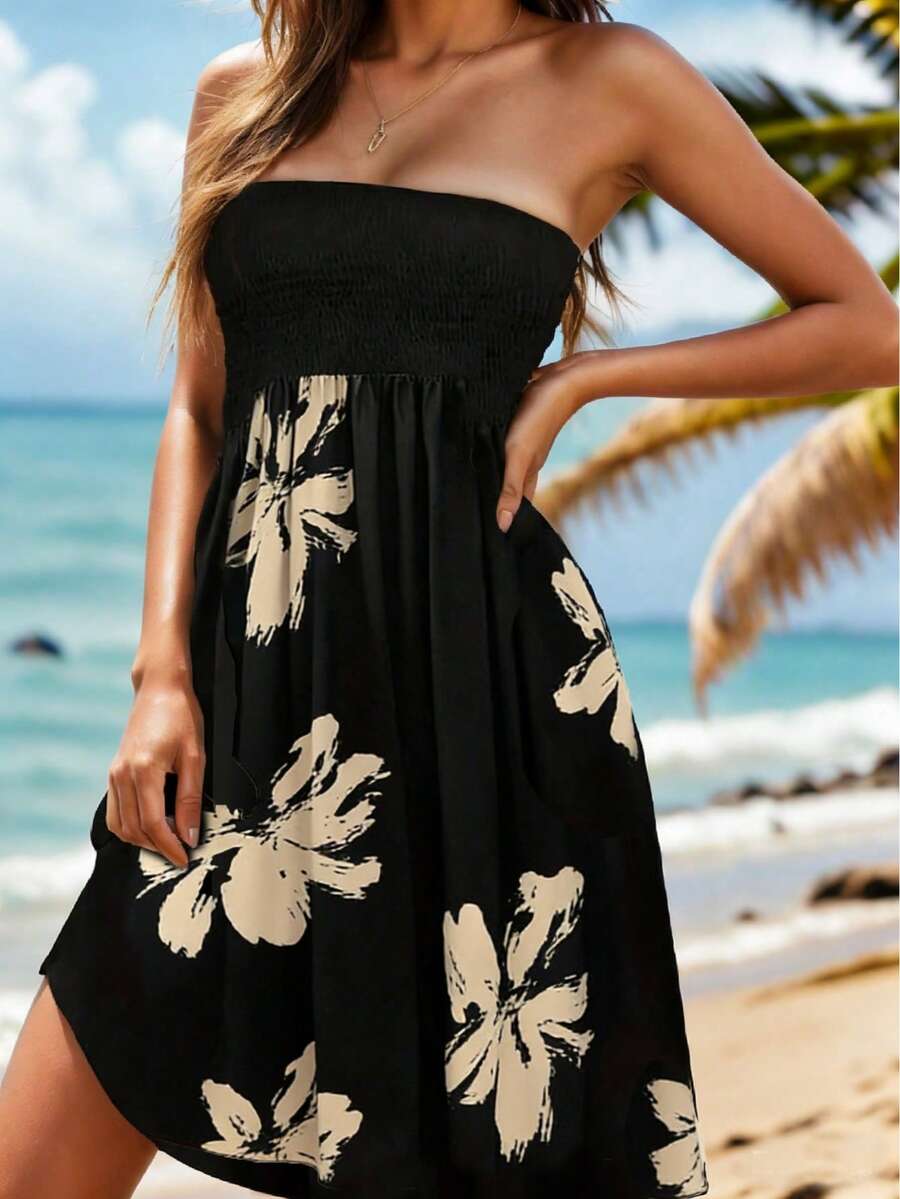 Women's Floral Patchwork Strapless Tube Dress, Summer Beach Cover-Up - Black - View 1