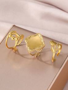 Women's Gold-Plated Ring Set - Bubble, Square And Tulip Design Open Rings, Minimalist & Stylish For Everyday Wear - Gold - View 6