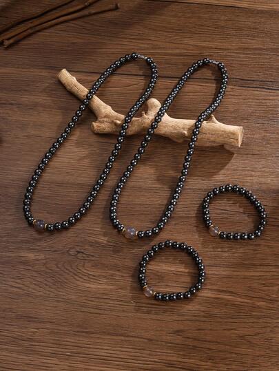 Yanxyad 赤铁矿磁疗项链手链套装 - 黑曜石疗愈磁石，男女皆宜