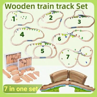 1 Box Wooden Train Track Set, Wooden Train Track For Kids, Expansion Pack With Wooden Houses And Trees, Wooden Train Track Accessories - Expand Creativity, Wooden Train Track Expansion Pack, Suitable For 3-7 Years Old Boys And Girls Birthday Gift