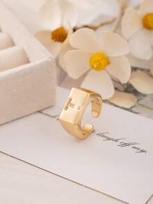 1pc Luxury Initial Open Ring, A-Z Letter Block Design With Cubic Zirconia, Adjustable Fashion Ring For Girl & Teens, Gift For Friends - Gold - View 21