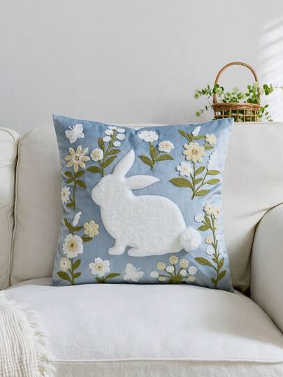 1件复活节朦胧蓝兔刺绣抱枕套，春季花卉图案，适合室内装饰，春夏枕套，不含枕芯