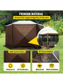 Gazebo Screen Tent, 12 X 12 Ft, 6 Sided Pop-Up Camping Canopy Shelter Tent With Mesh Windows, Portable Carry Bag, Ground Stakes, Large Shade Tents For Outdoor Camping, Lawn And Backyard - màu nâu - Xem 5