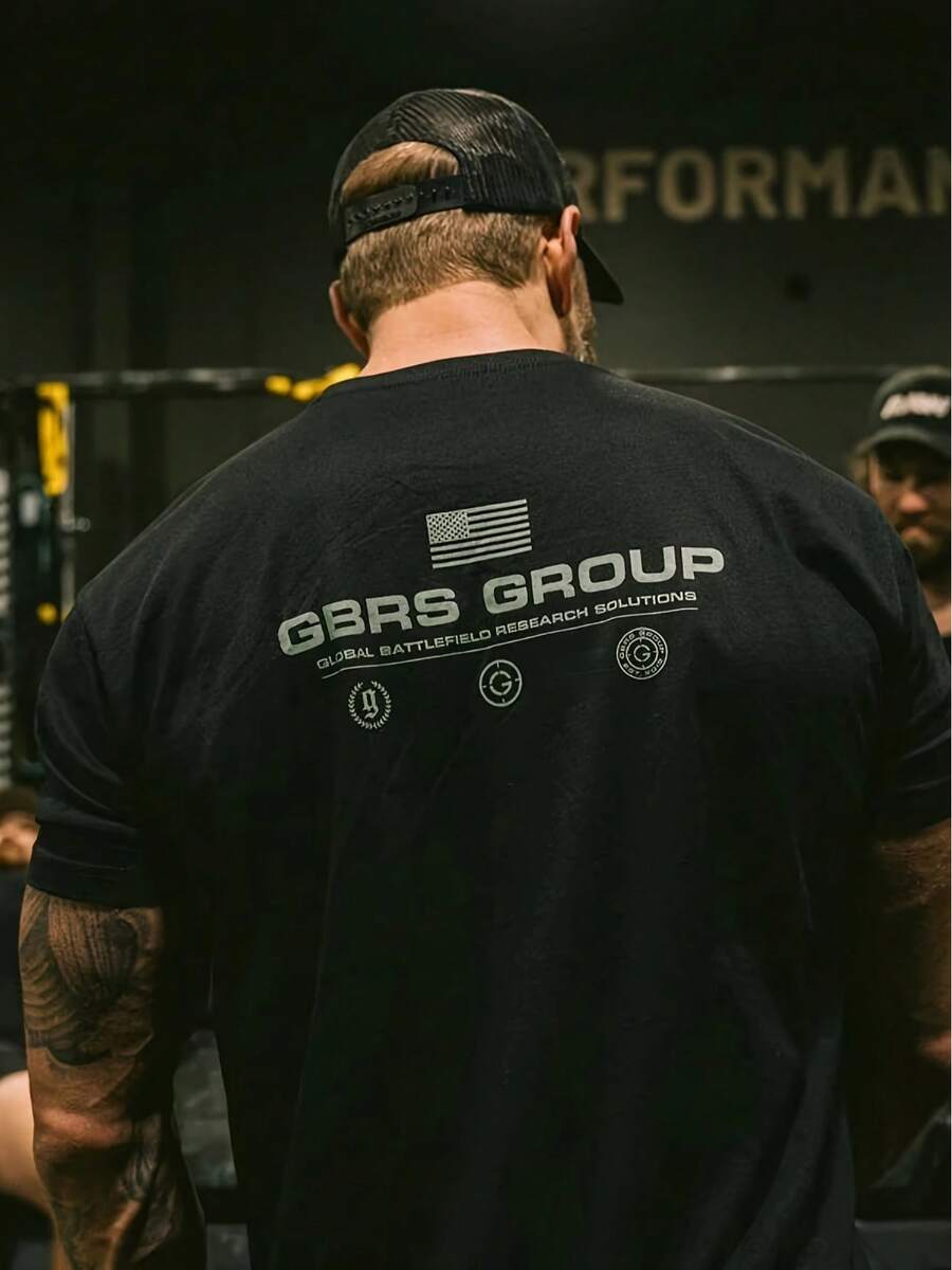 GBRS Group Logo And Slogan Printed Heavyweight-Themed T-Shirt| Soft And Comfortable Classic Fit With Combat-Style Design, Suitable For Casual Fitness And Outdoor Training, Perfect Gift For Yourself And Others. - 黑色 - 查看 1