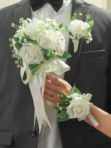 Bộ hoa hồng và hoa baby's breath thanh lịch 3 món/1 món - Bó hoa + Hoa cài áo + Vòng tay, Thích hợp cho cô dâu, chú rể, phù dâu, phù rể, trang trí đám cưới, tiệc tùng, Ngày Valentine. - A - Xem 11