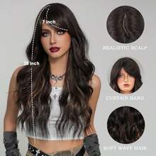 D28 Inch Brown Long Wavy Wig Dark Brown Wig With Curtain Bangs Synthetic Heat Resistant Brown Blonde Highlight Wigs For Women Daily Wear. - 棕色 - 查看 2