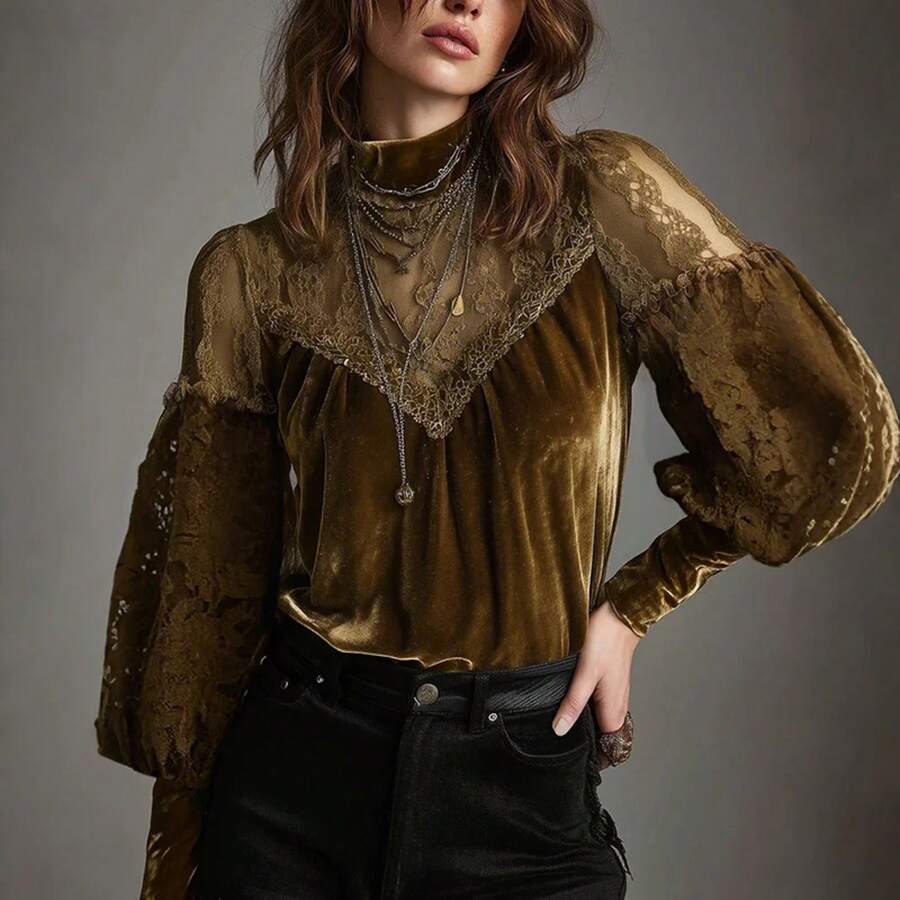 Womens Chic Long Sleeve Velvet Shirt Autumn Winter Fashion Versatile Blouse Tops Soft Comfortable Sexy Mesh Lady Casual Shirts - 棕色 - 查看 1