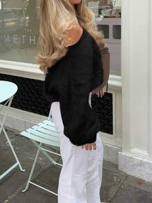 Women's New Casual Solid Color Loose Open Shoulder Long Sleeve Sweater, Romantic Pink, Oversized Knit Top Black Spring - Black - View 11
