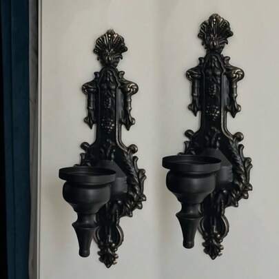 2pcs, Vintage Embossed Wall-Mounted Candle Holders, Black And White Ironwork Classic European Style Wall Decor Candelabra, Sconce Candle Holder, Black And White Iron Candle Plate, Room Wall Decoration, Home Wedding Decor, Best For Christmas