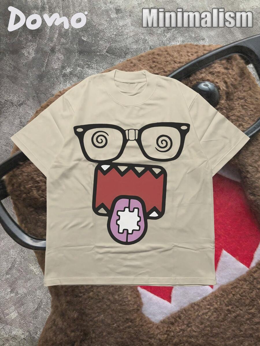 DOMO-KUN Patterned T-Shirt  (220g Cotton T-Shirt) Printed T-Shirt, Graphic Tee, Unisex T-Shirt, Casual And Comfortable, Men's Cotton T-Shirt. Interesting Pattern T-Shirts, Street Life, Home Leisure, Friends Gathering,Graphic Tees Men - 杏色 - 查看 1