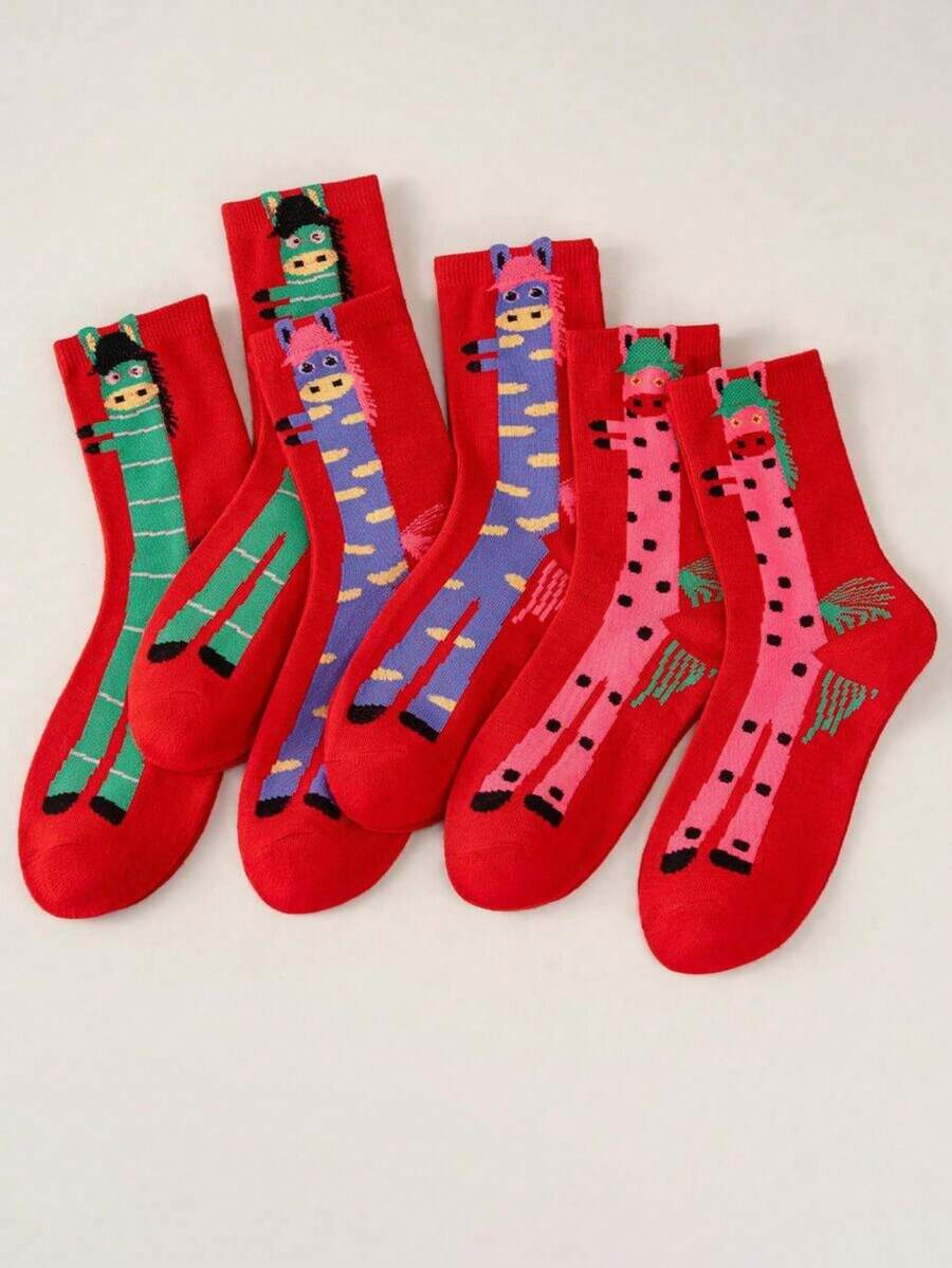 6/3/1 Pair, Plus Size Women's Neutral Cartoon Horse And Letter Printed Calf Socks, Red Socks, New Year Socks, Holiday Socks, Mid Leg Socks, Calf Socks, Short Socks - Multicolor - View 1
